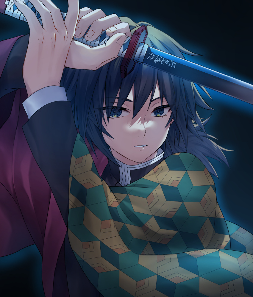 1boy, arms_up, aura, bangs, black_background, black_hair, blue_eyes, buckle, buttons, chokutou, closed_mouth, expressionless, eyelashes, fingernails, gakuran, haori, highres, holding, holding_sword, holding_weapon, jacket, japanese_clothes, katana, kimetsu_no_yaiba, looking_at_viewer, male_focus, medium_hair, multicolored_clothes, multicolored_jacket, om666en, parted_lips, patterned_clothing, pocket, school_uniform, shirt, solo, standing, sword, tomioka_giyuu, two-sided_fabric, unsheathed, weapon, white_shirt, wide_sleeves