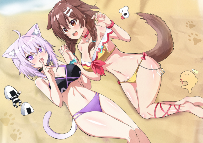 2girls, ahoge, animal_ear_fluff, animal_ears, beach, bikini, black_bikini, blush