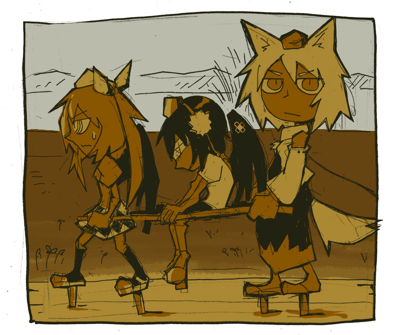 3girls, animal_ears, blindfold, carrying, carrying_person, check_commentary, commentary_request, detached_sleeves, english_commentary, fine_art_parody, geta, hat, himekaidou_hatate, injury, inubashiri_momiji, japanese_clothes, limited_palette, looking_at_viewer, multiple_girls, outdoors, parody, pom_pom_(clothes), setz, shameimaru_aya, simple_background, sitting, skirt, sky, stretcher, tengu-geta, tokin_hat, touhou, walking, wings, wolf_ears