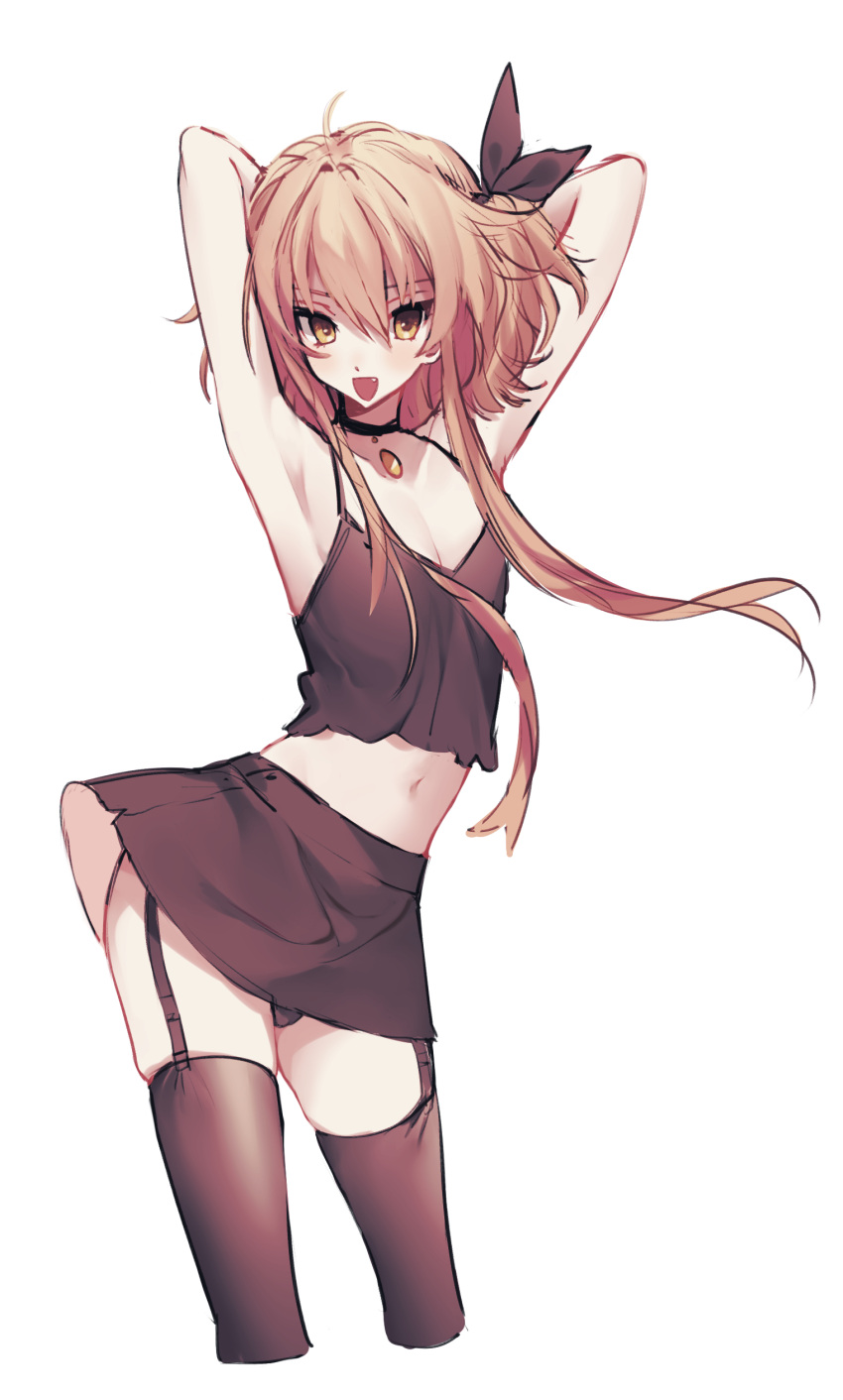 1girl, absurdres, arms_behind_head, arms_up, blonde_hair, bob_cut, bow, choker