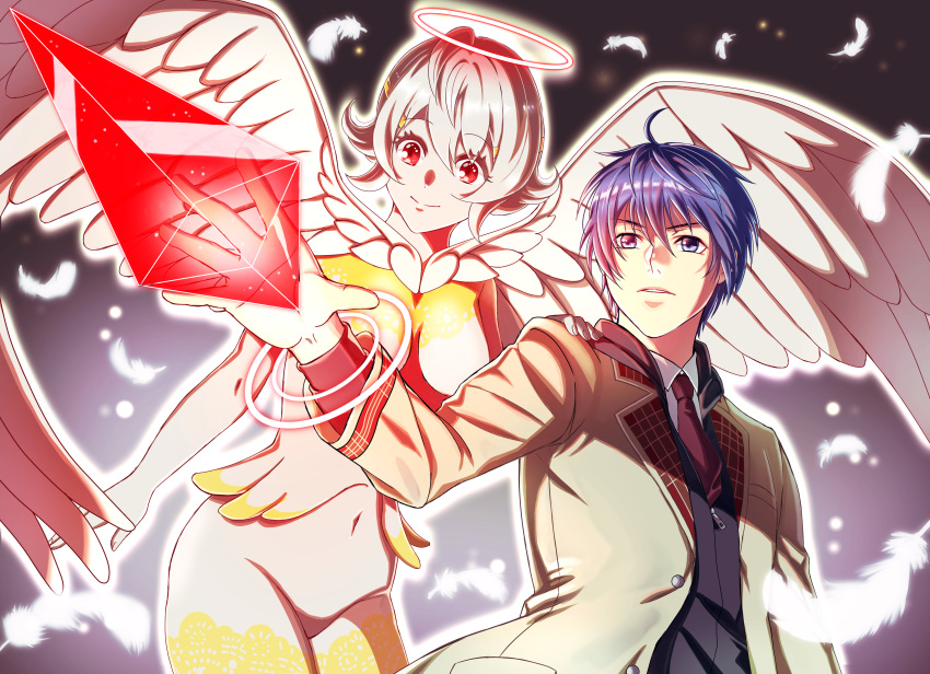 1boy, 1girl, absurdres, ak_(akakabeuti), angel, angel_wings, blue_eyes, blue_hair