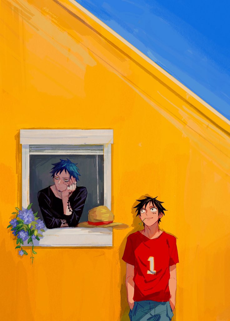 2boys, black_hair, dark_blue_hair, demorzel, flower, hat, hat_removed, headwear_removed