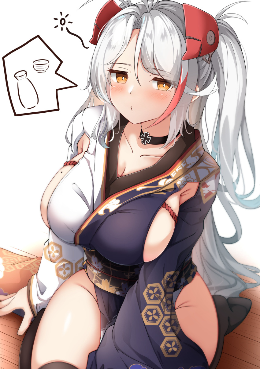 1girl, absurdres, azur_lane, black_choker, black_kimono, black_legwear, blush, breasts, brown_eyes, choker, closed_mouth, collarbone, commentary_request, groin, headgear, highres, japanese_clothes, kimono, large_breasts, long_hair, moyoron, multicolored_hair, no_shoes, obi, on_floor, prinz_eugen_(azur_lane), prinz_eugen_(profusion_of_flowers)_(azur_lane), redhead, sash, seiza, sideboob, sitting, solo, speech_bubble, streaked_hair, thigh-highs, two_side_up, very_long_hair, white_background, white_hair, wooden_floor