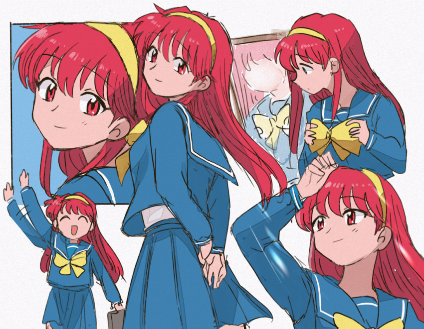 1girl, :d, adjusting_clothes, arm_up, bag, bangs, blue_sailor_collar, blue_skirt