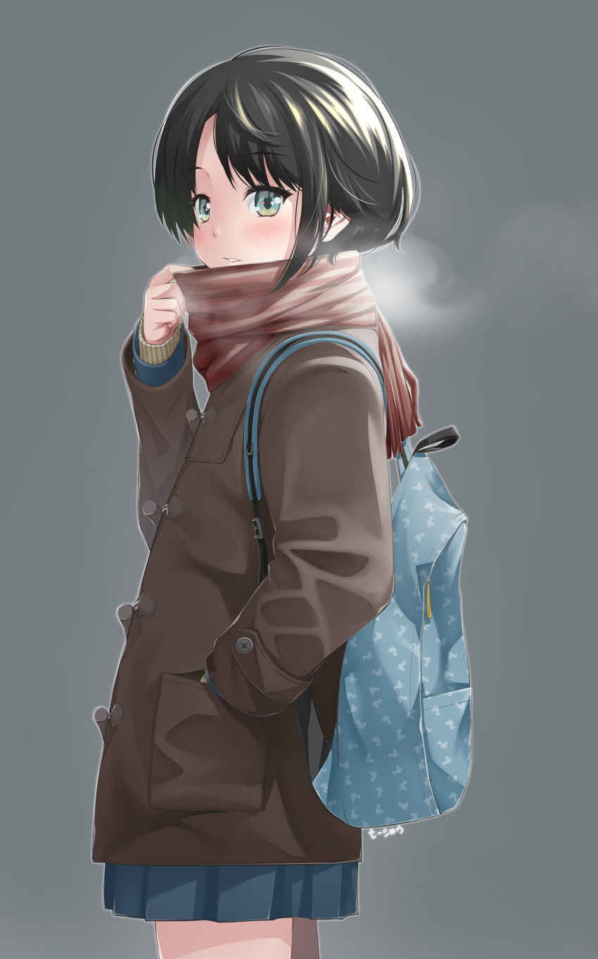 1girl, absurdres, alternate_costume, aqua_eyes, backpack, bag, bangs, black_hair, blue_skirt, blush, breath, brown_coat, coat, cold, from_side, hand_in_pocket, highres, hololive, looking_at_viewer, miniskirt, oozora_subaru, pleated_skirt, red_scarf, scarf, short_hair, skirt, solo, swept_bangs, tsubaki_shirou, virtual_youtuber