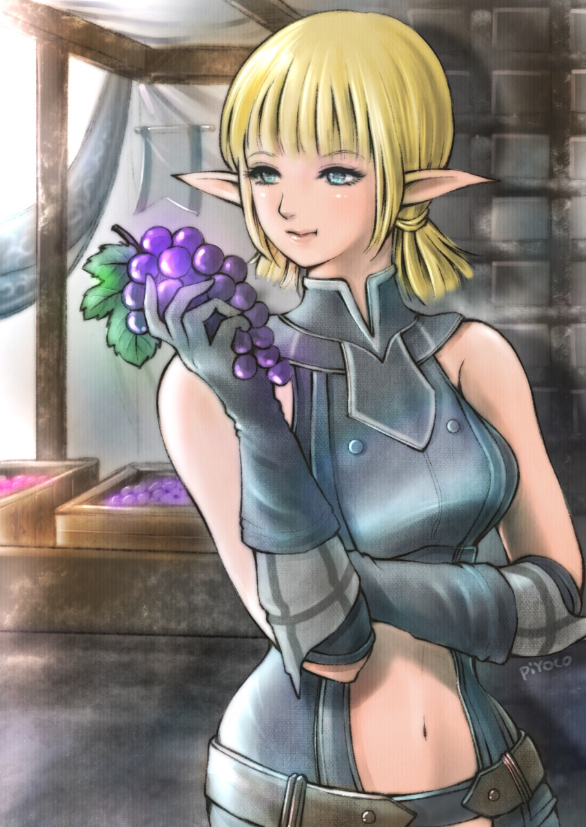1girl, :t, artist_name, avatar_(ff11), bangs, bare_shoulders, blonde_hair, blue_gloves
