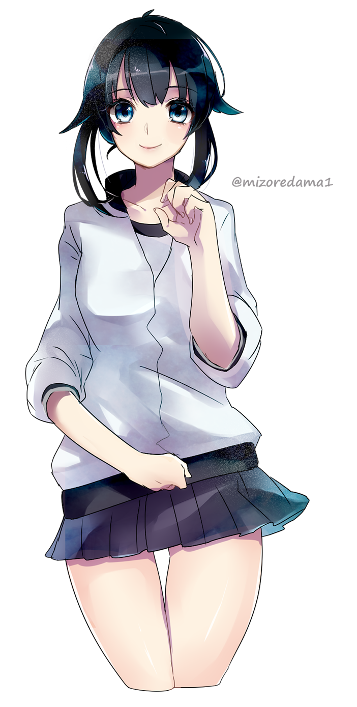 1girl, black_hair, black_skirt, blue_eyes, blush, character_request, closed_mouth, collarbone