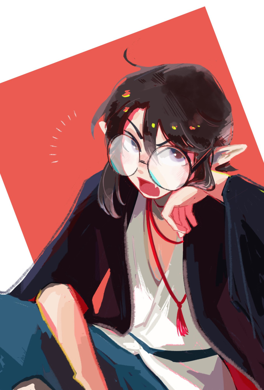 1boy, black_hair, fang, glasses, hair_between_eyes, hajimerunara, highres, lanxi_zhen