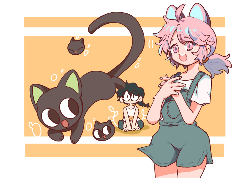 1girl, 2boys, a'gen_(the_legend_of_luoxiaohei), absurdres, aqua_overalls, arthur_melton, bidiu_(the_legend_of_luoxiaohei), black_hair, eyebrows_visible_through_hair, hands_up, highres, looking_at_viewer, luoxiaobai, luoxiaohei, medium_hair, multiple_boys, open_mouth, overall_shorts, overalls, pink_eyes, pink_hair, ponytail, shadow, shirt, short_sleeves, smile, tank_top, the_legend_of_luo_xiaohei, white_nails, white_shirt, white_tank_top, yellow_background