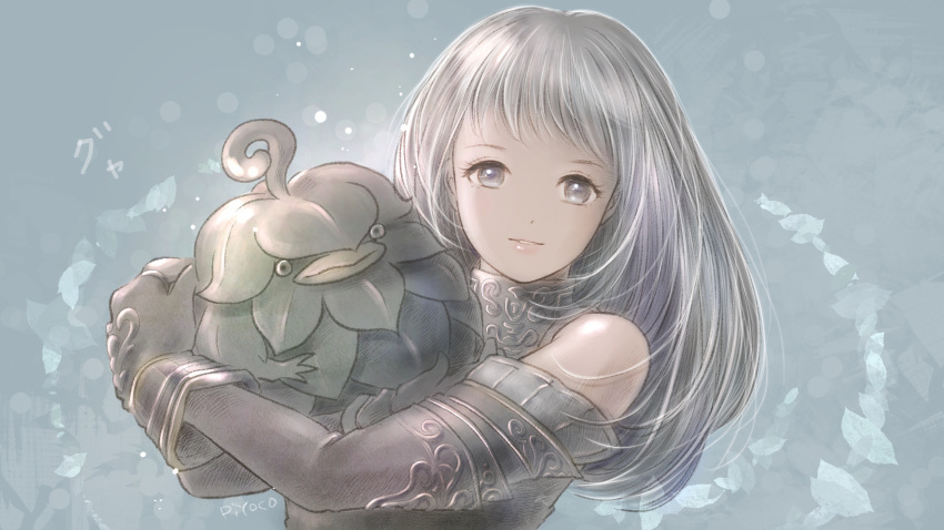1girl, arciela_v_adoulin, artist_name, bangs, bare_shoulders, black_gloves, blue_background, creature