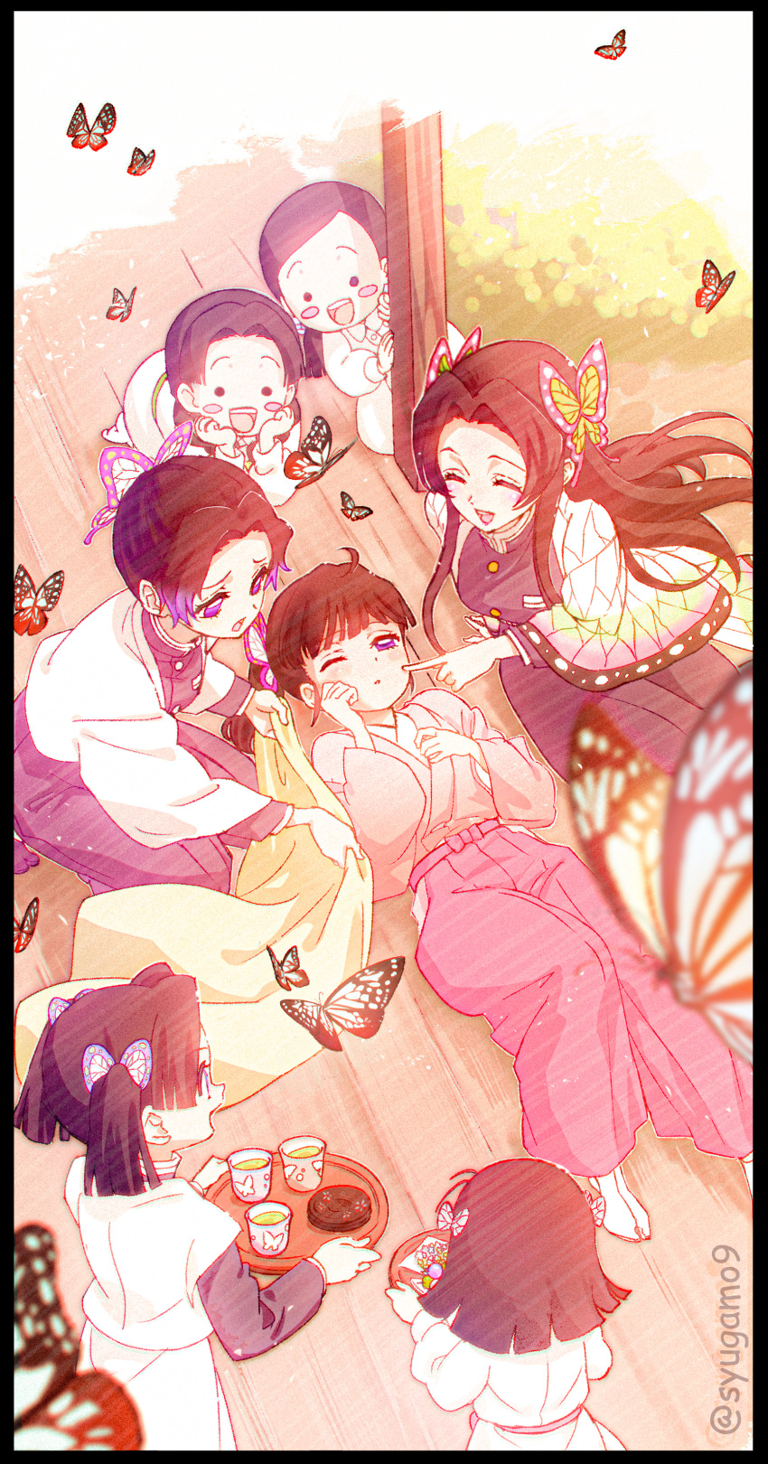 6+girls, :d, ^_^, absurdres, ahoge, bangs, black_hair, blanket