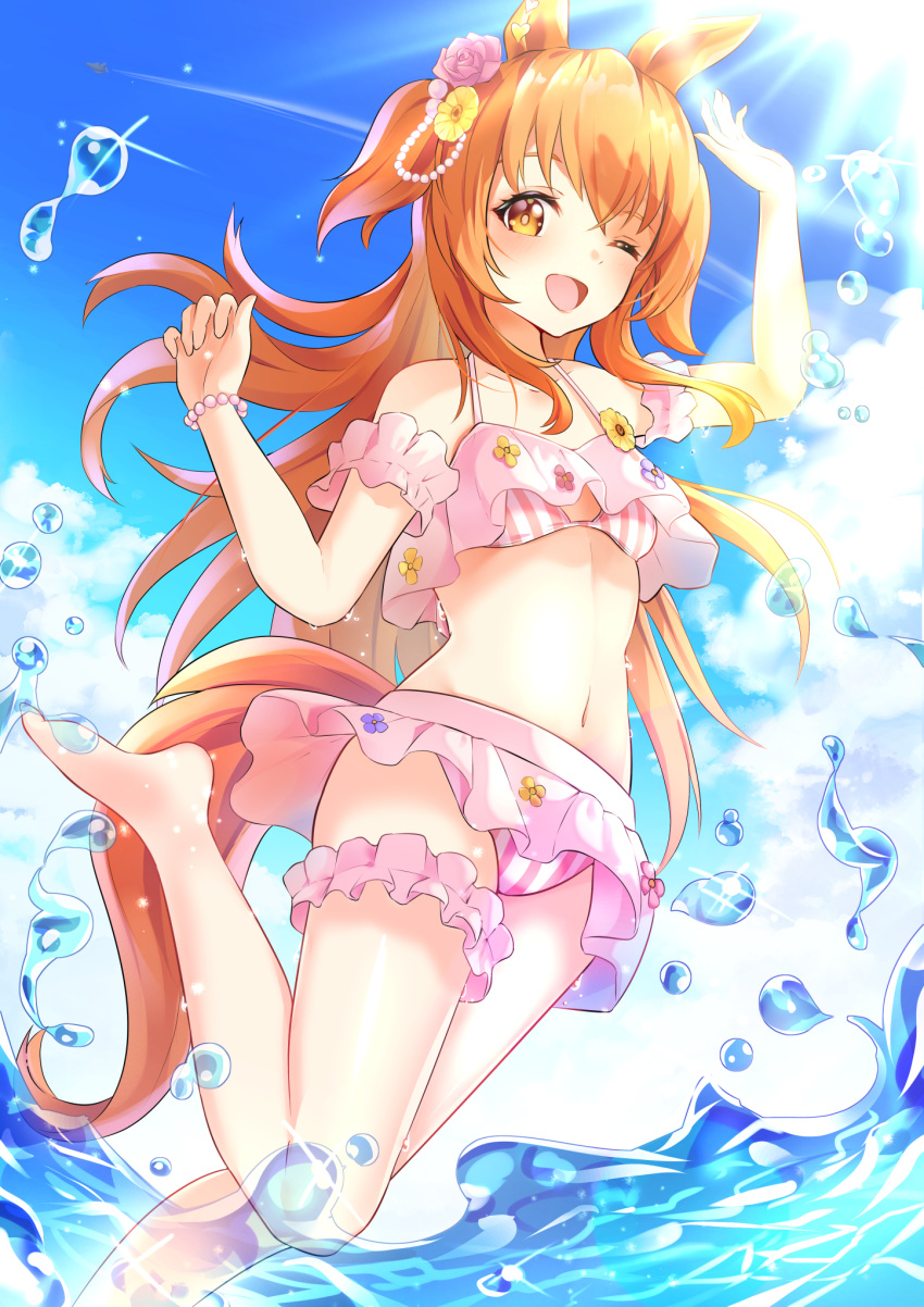 1girl, blush, bracelet, female, hair_flower, highres, horse_girl, horse_tail