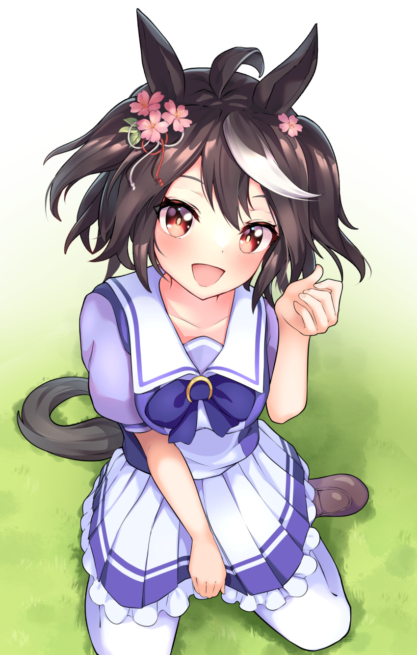 1girl, :d, blush, breasts, collarbone, female, hair_flower, highres