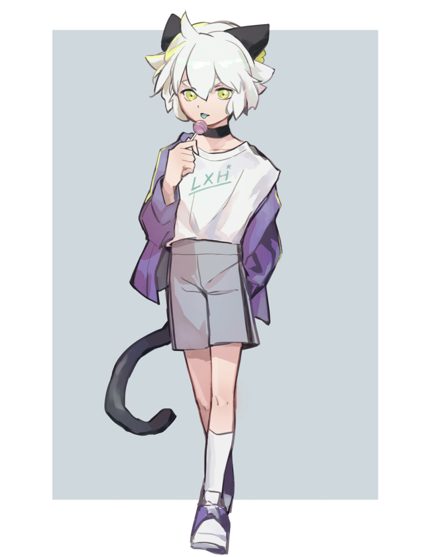 1boy, absurdres, animal_ears, black_choker, blue_tongue, border, candy, cat_boy