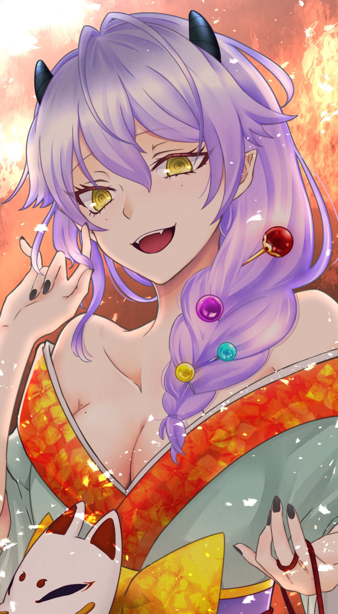 1girl, blush, braid, breasts, candy, candy_hair_ornament, demon_girl, demon_horns, fangs, food, food-themed_hair_ornament, fox_mask, hair_ornament, highres, horns, japanese_clothes, kimono, large_breasts, looking_at_viewer, mask, mole, mole_under_eye, nail_polish, pale_skin, purple_hair, s_tsukasa_203, seven_carat, shinyami_mei, virtual_youtuber, yellow_eyes