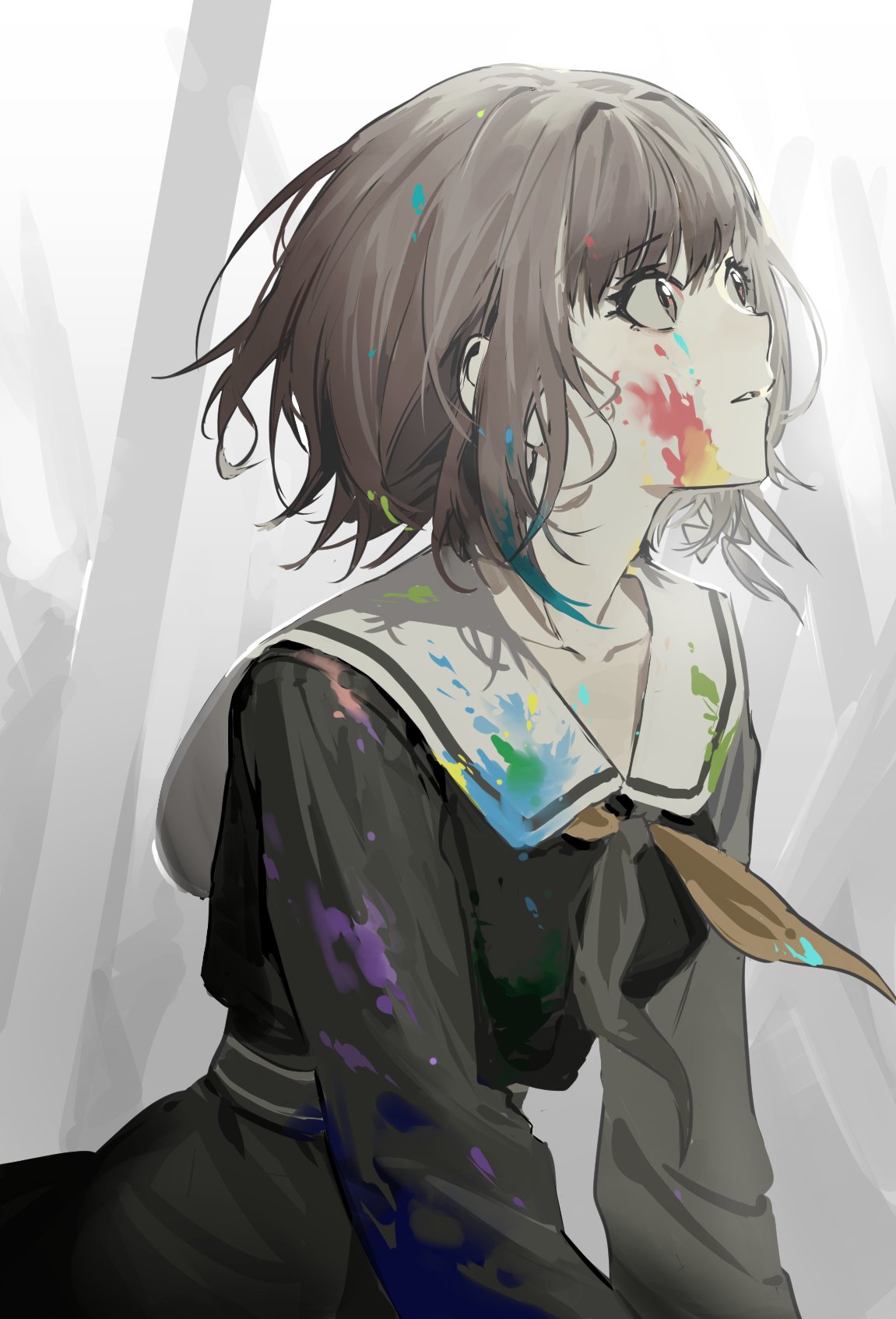 1girl, bangs, black_blouse, black_neckerchief, black_skirt, blouse, blunt_bangs, bob_cut