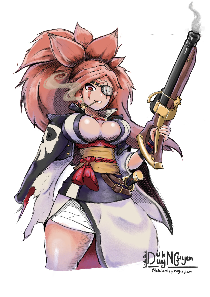 absurdres, amputee, baiken, big_hair, black_jacket, black_kimono, breasts, eyepatch, facial_tattoo, guilty_gear, gun, highres, jacket, jacket_on_shoulders, japanese_clothes, kataginu, kimono, large_breasts, multicolored_clothes, multicolored_kimono, one-eyed, pink_hair, pipe, ponytail, red_eyes, samurai, sash, scar, simple_background, smile, smoking, tattoo, thighs, uncleduk, weapon, white_background, white_kimono