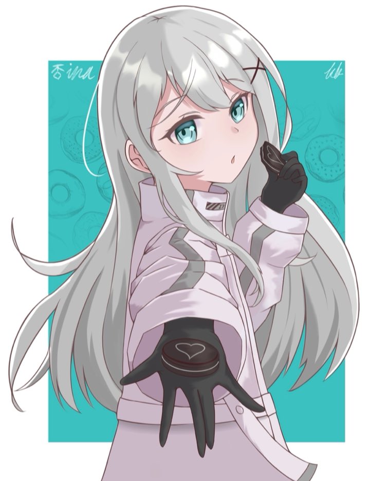 1girl, blue_eyes, gloves, grey_hair, hair_ornament, hairclip, heart, ina_(vtuber), long_hair, long_sleeves, looking_at_viewer, looking_to_the_side, pale_skin, pupu_kk, reaching_out, seven_carat, virtual_youtuber