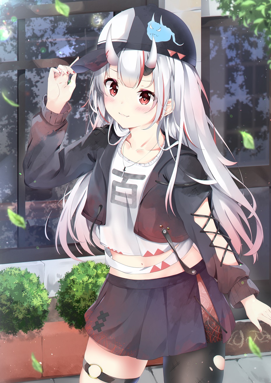 1girl, :3, adjusting_clothes, adjusting_headwear, asymmetrical_legwear, bangs, baseball_cap, black_jacket