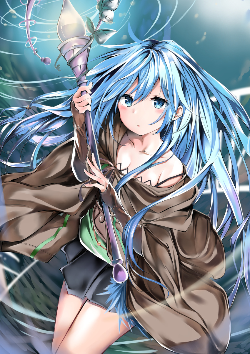 1girl, absurdres, bare_shoulders, blue_eyes, blue_hair, blush, collarbone, cowboy_shot, duel_monster, eria_the_water_charmer, floating_hair, highres, holding, holding_staff, kuromiko_shoujo, long_hair, robe, skirt, solo, spaghetti_strap, staff, yu-gi-oh!