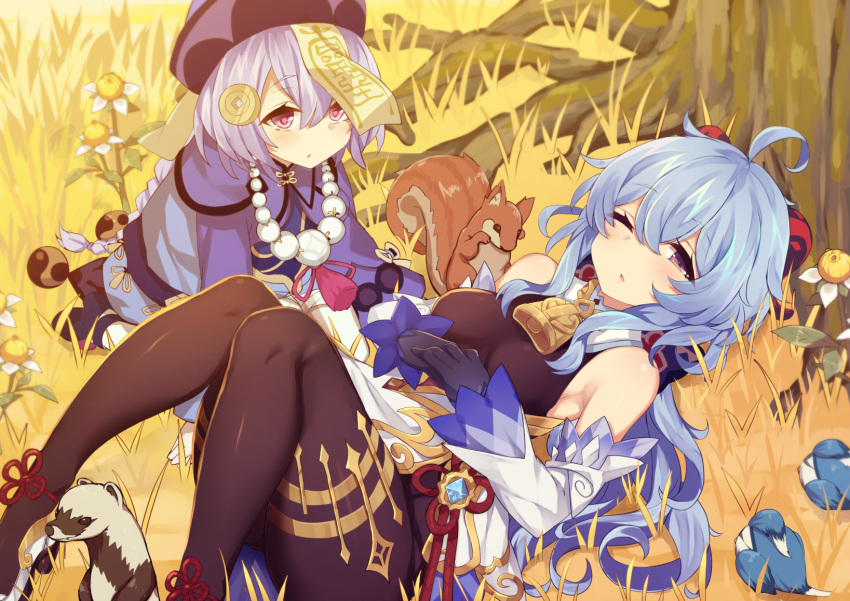 2girls, ahoge, bare_shoulders, bead_necklace, beads, bell, bird, black_gloves