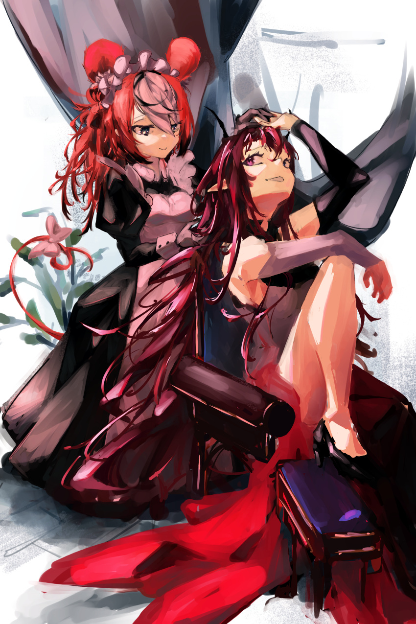 2girls, absurdres, alternate_costume, animal_ears, apron, black_dress, black_footwear, black_hair, blue_eyes, bow, breasts, detached_sleeves, dress, elbow_gloves, gloves, hakos_baelz, hand_on_own_head, heterochromia, high_heels, highres, hololive, hololive_english, horns, irys_(hololive), maid, maid_apron, maid_headdress, medium_breasts, mouse_ears, mouse_girl, mouse_tail, multiple_girls, multiple_horns, nyahallo, parted_lips, purple_bow, purple_hair, redhead, sitting, smile, tail, tail_bow, tail_ornament, twintails, violet_eyes, virtual_youtuber, white_hair