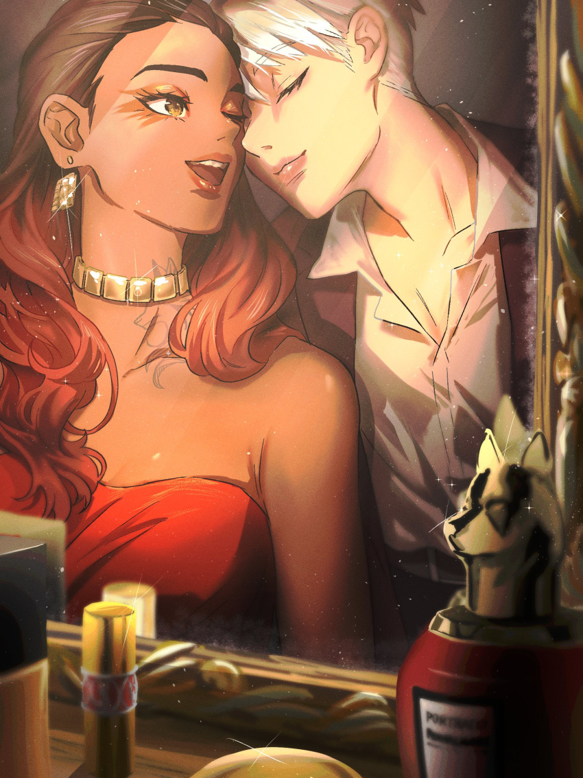2girls, apex_legends, bare_shoulders, black_jacket, brown_eyes, brown_hair, closed_eyes, collarbone