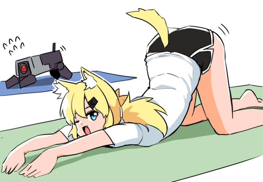 1girl, animal_ears, ass, bare_legs, barefoot, blonde_hair, blue_eyes, capoki, cat_ears, cat_tail, dinergate_(girls'_frontline), exercise, fang, flying_sweatdrops, foot_out_of_frame, girls_frontline, hair_ornament, hairclip, idw_(girls'_frontline), looking_at_viewer, medium_hair, one_eye_closed, open_mouth, shirt, short_sleeves, shorts, simple_background, solo, stretch, tail, top-down_bottom-up, twintails, white_background, white_shirt, yoga_mat