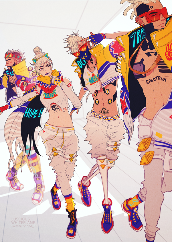 1girl, 3boys, adapted_costume, apex_legends, black_lips, blonde_hair, blue_footwear, breasts
