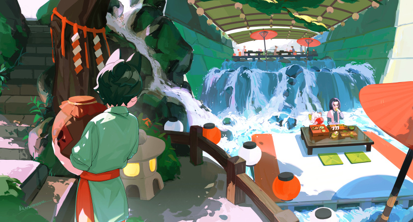 3boys, animal_ears, black_hair, bowl, cat_ears, eating, food, highres, juyekuno, long_hair, luoxiaohei, multiple_boys, original, rock, shadow, short_hair, short_sleeves, stairs, table, the_legend_of_luo_xiaohei, water, white_hair, wuxian_(the_legend_of_luoxiaohei)