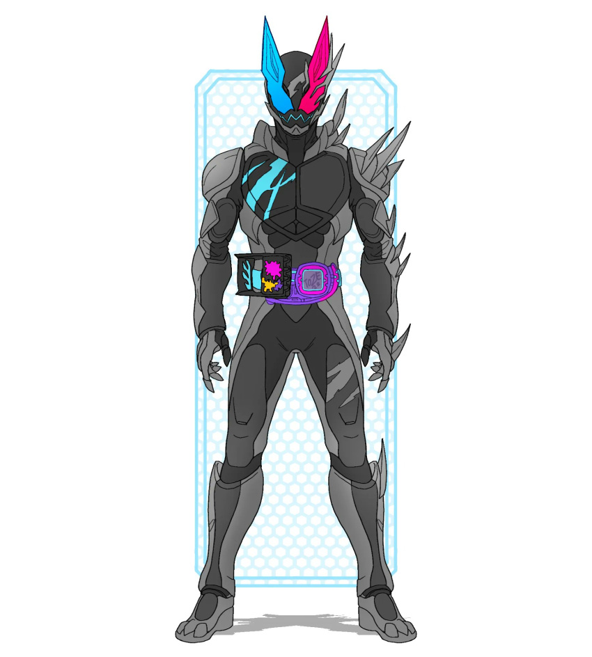 1boy, 2022, animal_hood, armor, artist_name, asymmetrical_armor, black_armor, blue_eyes