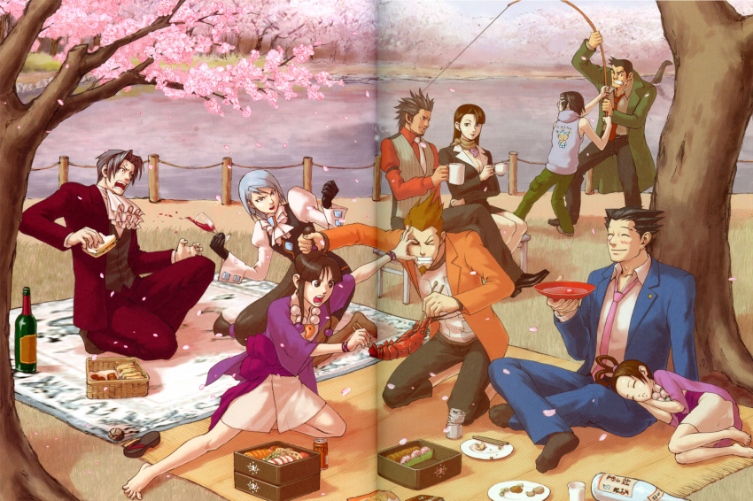 ayasato_harumi, ayasato_mayoi, crease, dick_gumshoe, diego_armando, franzika_von_karma, gyakuten_saiban, highres, itonokogiri_keisuke, kaminogi_soryuu, kaminogi_souryuu, karuma_mei, larry_butz, magatama, maggie_byrde, maya_fey, mia_fey, miles_edgeworth, mitsurugi_reiji, naruhodou_ryuuichi, pearl_fey, phoenix_wright, suzuki_mako, yahari_masashi