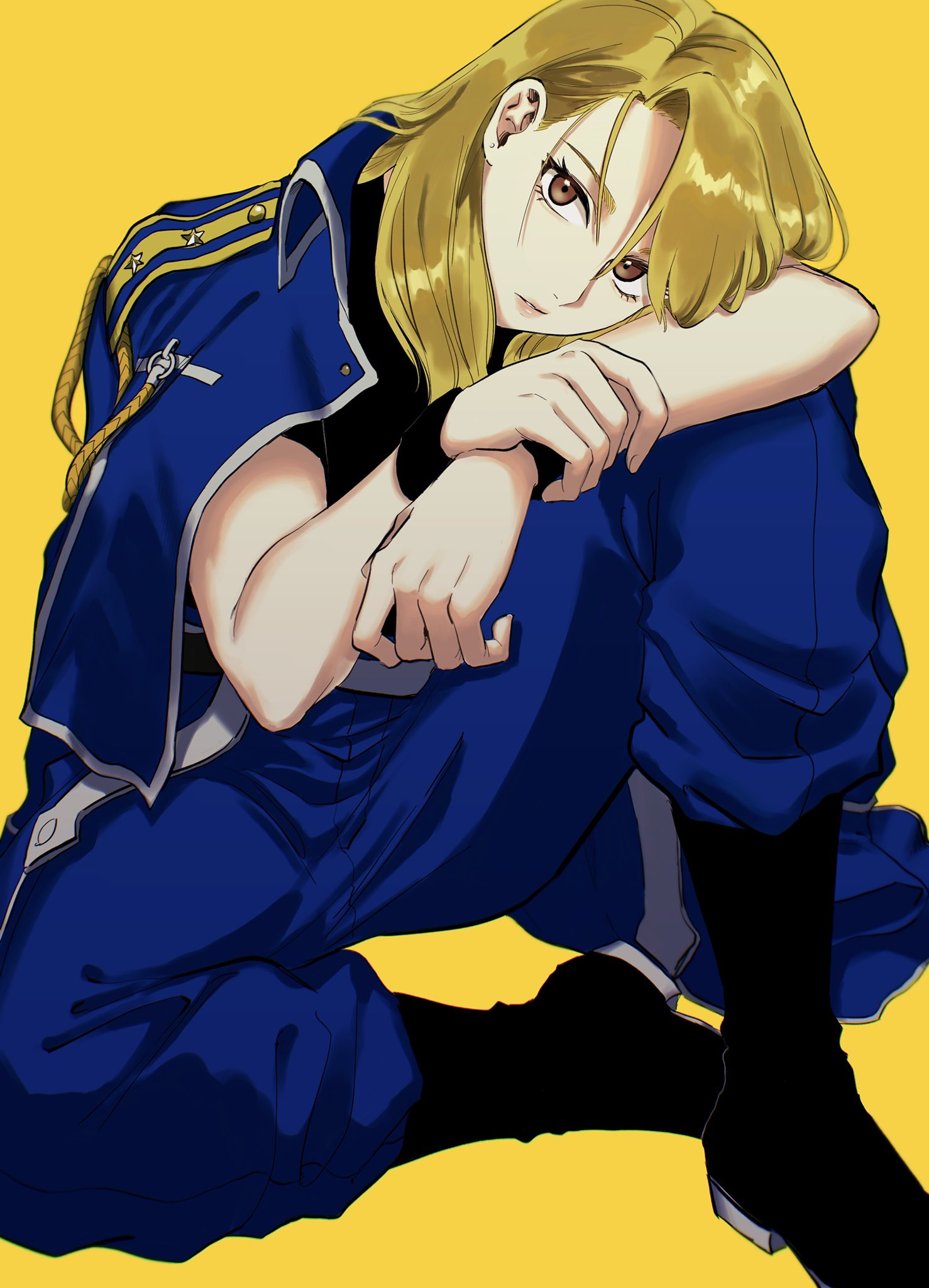1girl, black_footwear, black_shirt, blonde_hair, blue_jacket, blue_pants, boots, bracelet