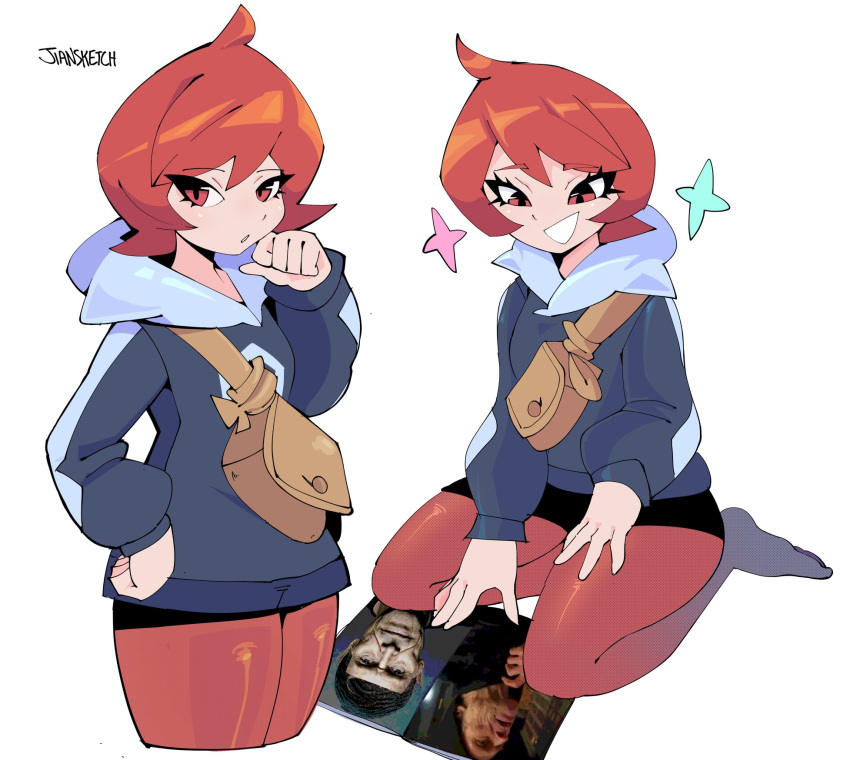 1girl, :o, arezu_(pokemon), artist_name, blue_jacket, book, breasts, brown_eyes, brown_hair, english_commentary, eyebrows_visible_through_hair, highres, jacket, jiansketch, kneeling, looking_down, medium_breasts, meme, multiple_views, open_book, open_mouth, pantyhose, pokemon, pokemon_(game), pokemon_legends:_arceus, real_life, red_legwear, short_hair, smile, sparkle, white_background, willem_dafoe
