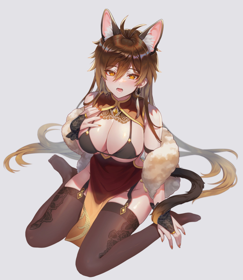 1girl, animal_ear_fluff, animal_ears, bangs, bikini, bikini_top_only, black_hair, black_legwear