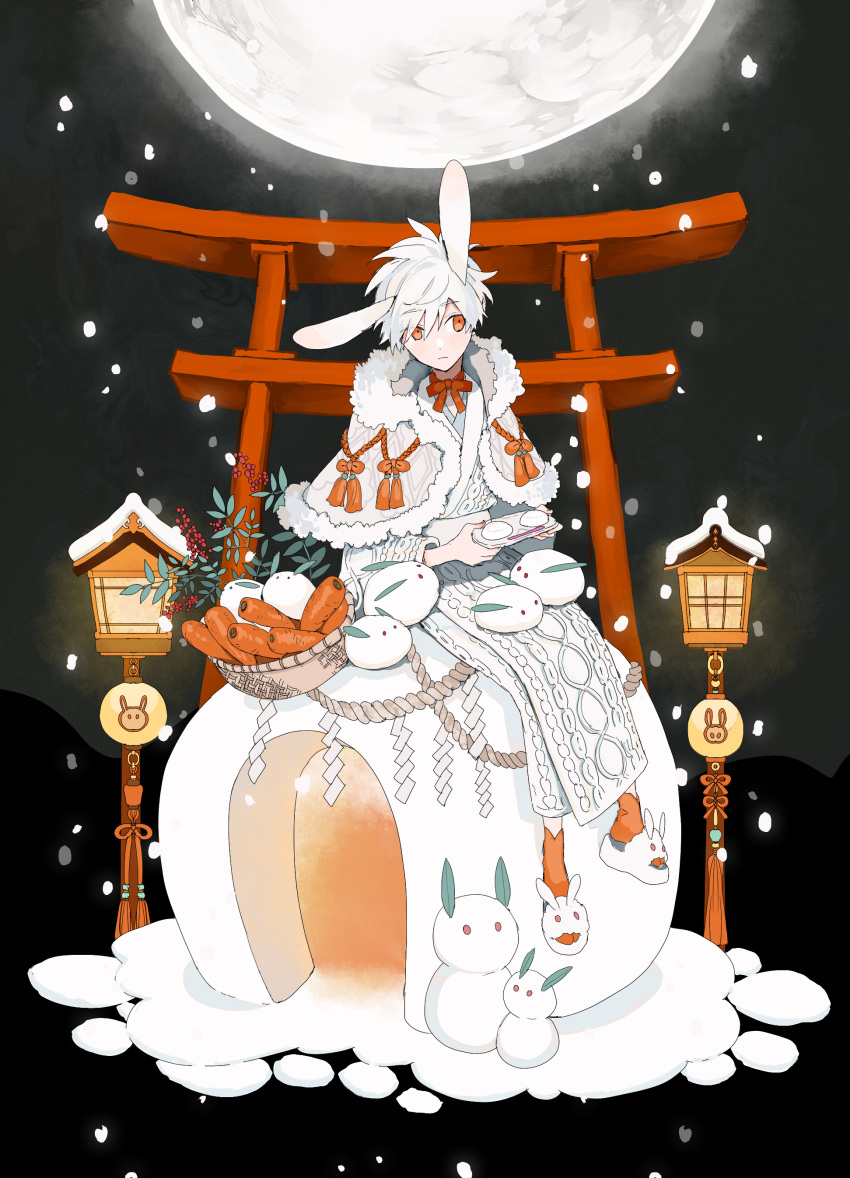 1boy, absurdres, aki_(abblim), animal_ears, animal_slippers, bangs, basket, berry, black_sky, bunny_slippers, capelet, carrot, commentary, eyebrows_visible_through_hair, fern, food, frown, full_body, full_moon, highres, holding, holding_tray, igloo, lantern, male_focus, moon, mountainous_horizon, night, night_sky, original, outdoors, rabbit_ears, red_eyes, red_legwear, rope, shide, shimenawa, sitting, sky, slippers, snow, snow_shelter, socks, solo, torii, tray, white_capelet, white_footwear, white_hair, white_robe