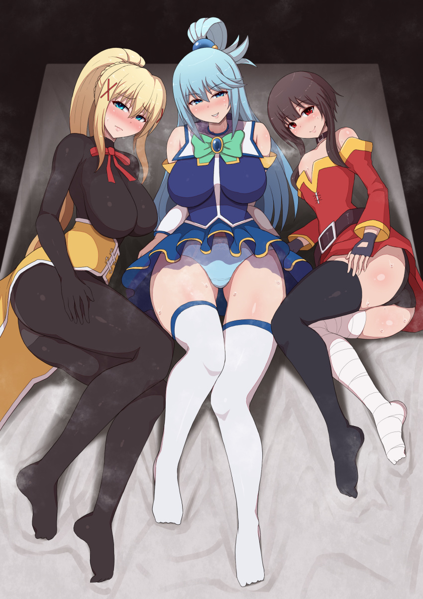 3girls, absurdres, aqua_(konosuba), bandaged_leg, bandages, bare_shoulders, belt, black_bodysuit, black_choker, black_hair, blonde_hair, blue_eyes, blue_panties, blue_skirt, blush, bodysuit, bow, braid, breasts, brown_belt, choker, darkness_(konosuba), dress, fingerless_gloves, gloves, green_bow, hair_ornament, hair_rings, highres, kono_subarashii_sekai_ni_shukufuku_wo!, large_breasts, long_hair, looking_at_viewer, megumin, multiple_girls, no_shoes, panties, ponponmaru, ponytail, red_dress, red_eyes, red_ribbon, ribbon, short_hair_with_long_locks, single_leg_pantyhose, skirt, small_breasts, smile, sweat, thigh-highs, underwear, very_long_hair, wavy_mouth, x_hair_ornament