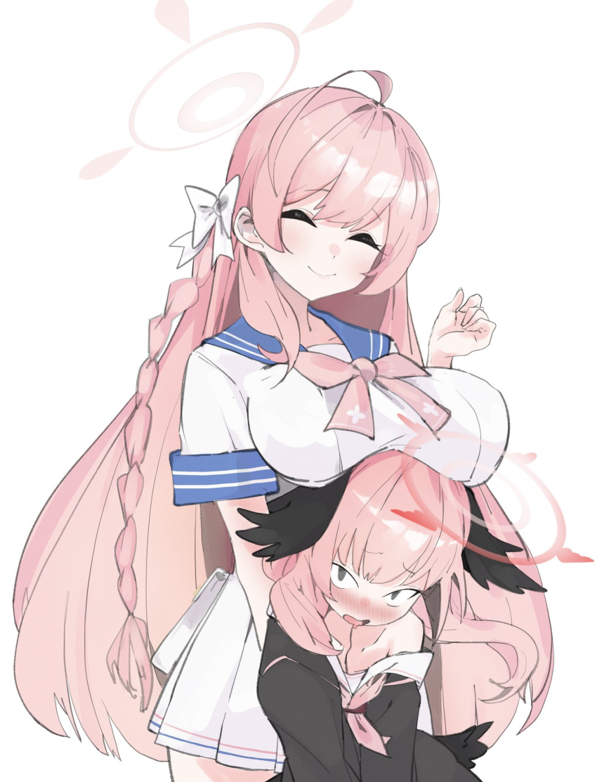 2girls, ahoge, bangs, black_serafuku, black_wings, blue_archive, blue_sailor_collar, blush