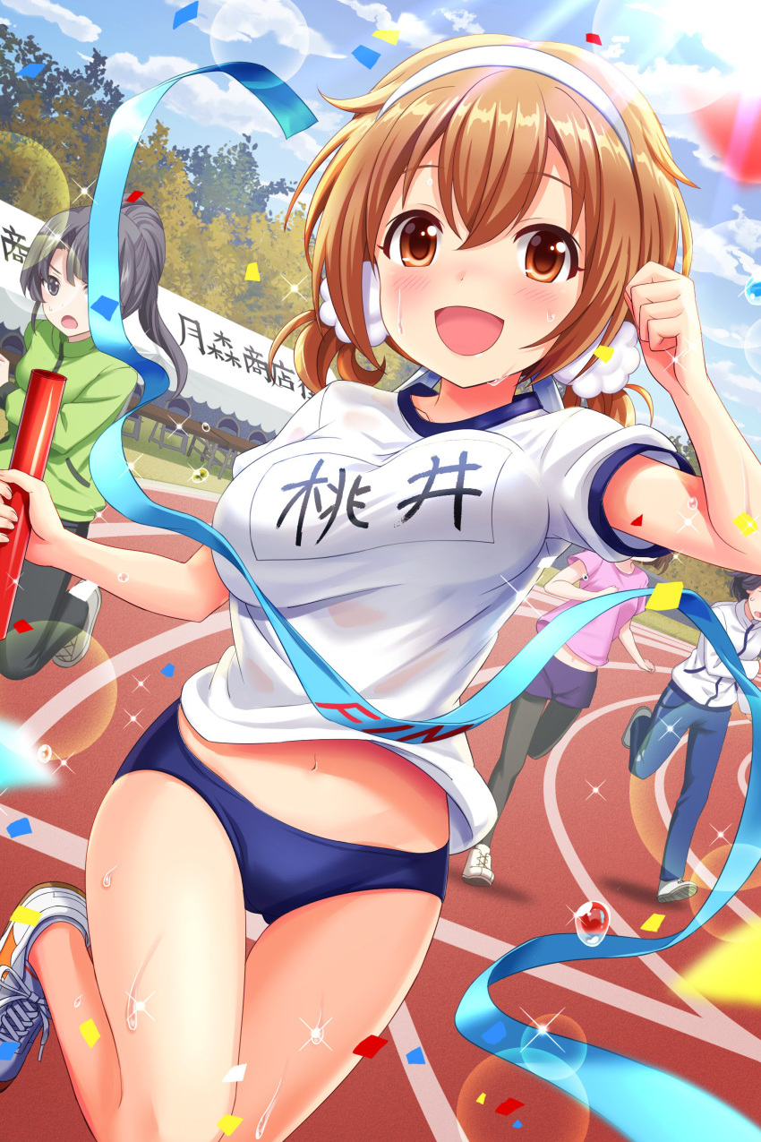absurdres, alternative_girls, blue_buruma, brown_eyes, brown_hair, buruma, eyebrows_visible_through_hair, gym_shirt