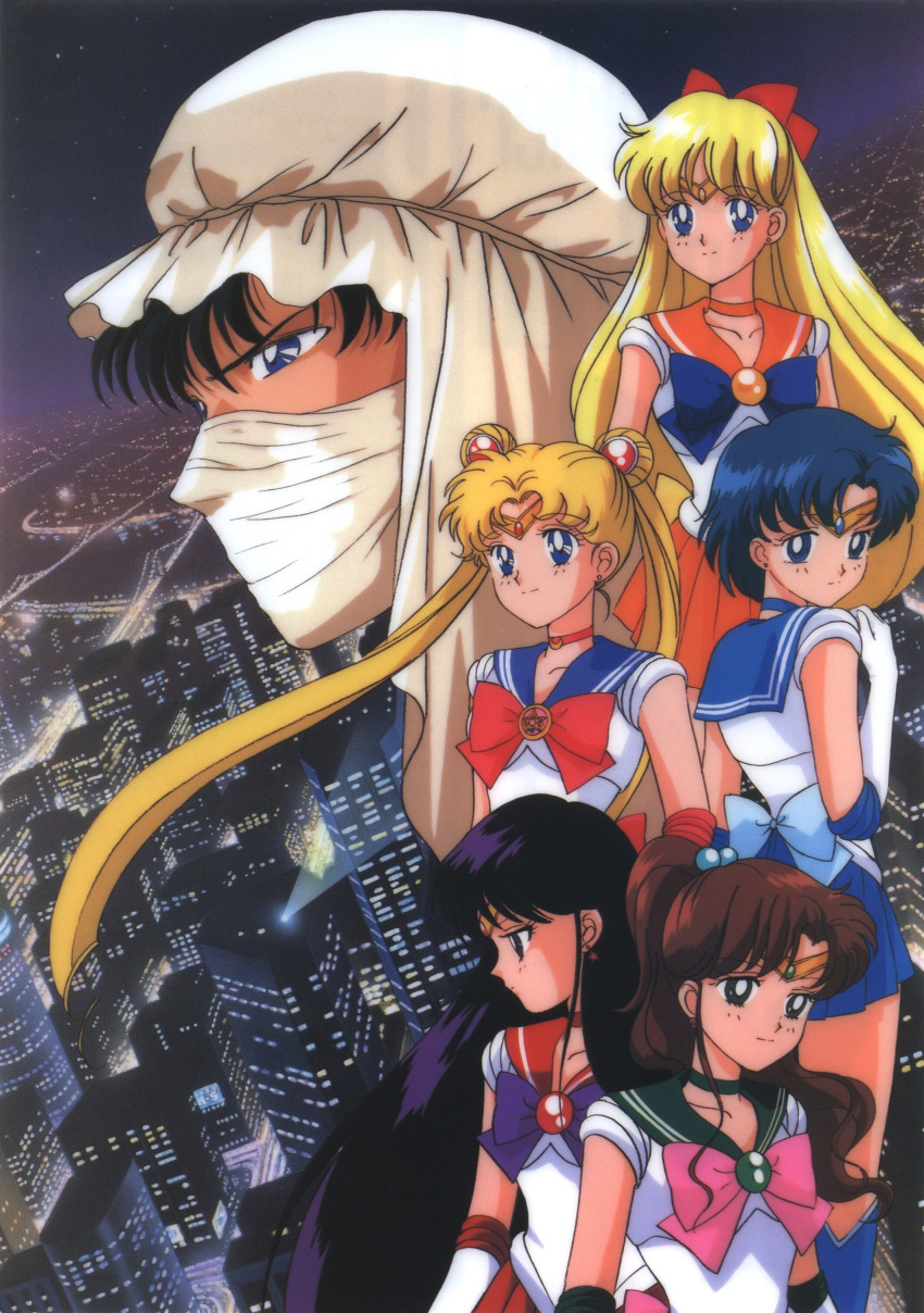1990s_(style), 1boy, 5girls, absurdres, aino_minako, back_bow, bishoujo_senshi_sailor_moon, black_hair