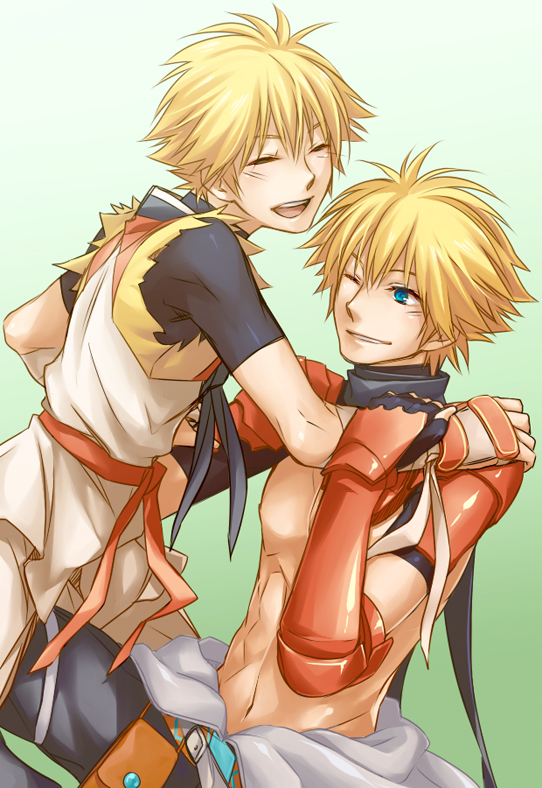 2boys, bangs, black_gloves, black_jacket, black_shirt, blonde_hair, blue_eyes, closed_eyes