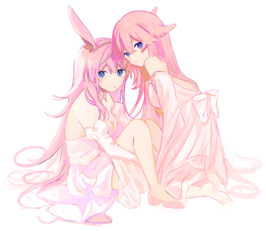 2girls, absurdres, animal_ears, bangs, closed_mouth, company_connection, crossover, dress