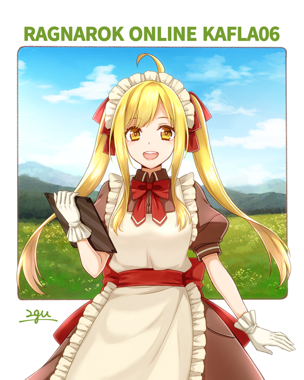 1girl, 20nigu, ahoge, apron, bangs, blonde_hair, blush, bow, bowtie, breasts, brown_dress, clipboard, collared_dress, commentary_request, commission, cowboy_shot, curly_sue, dress, frilled_apron, frills, gloves, hair_bow, holding, holding_clipboard, kafra_uniform, long_hair, looking_at_viewer, maid, maid_headdress, medium_breasts, open_mouth, puffy_short_sleeves, puffy_sleeves, ragnarok_online, red_bow, red_bowtie, red_sash, sash, short_sleeves, signature, skeb_commission, smile, solo, twintails, white_apron, white_gloves