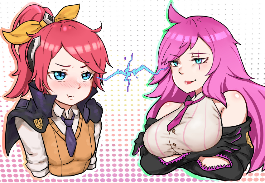 2girls, ahoge, angry, bangs, bare_shoulders, battle_academia_katarina, battle_academia_lux, black_capelet