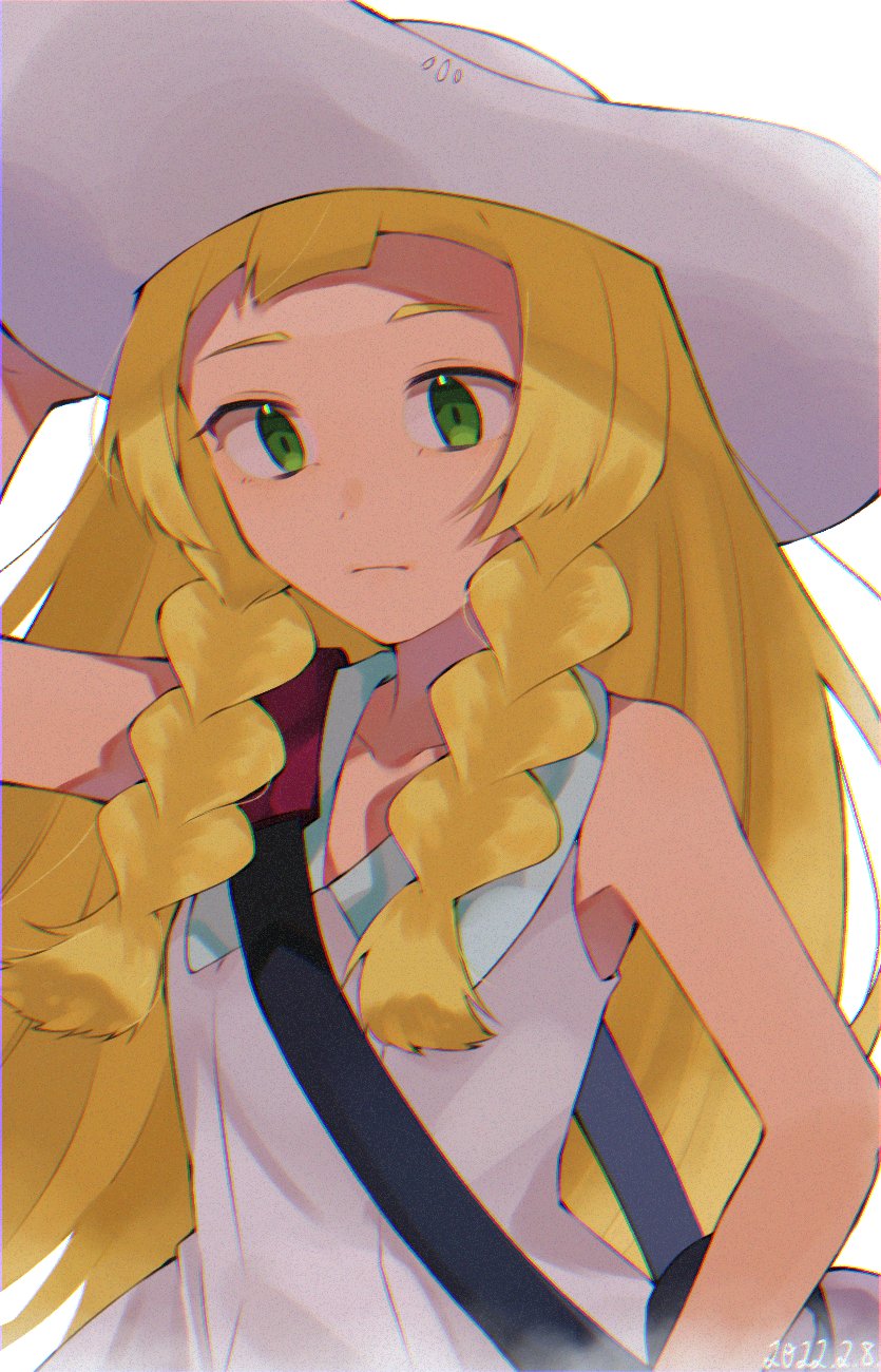 1girl, bangs, blonde_hair, blunt_bangs, braid, closed_mouth, collared_dress, commentary_request