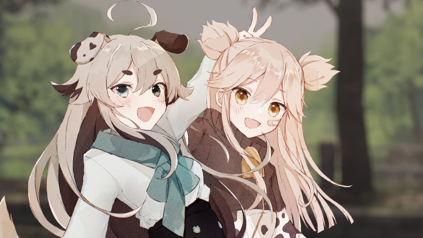 2girls, animal_ears, animal_print, bell, blonde_hair, blue_eyes, brown_eyes, brown_hair