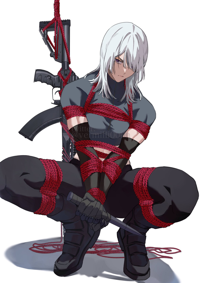 ak-15, ak-15_(girls'_frontline), angry, assault_rifle, bdsm, black_gloves, black_legwear, bondage