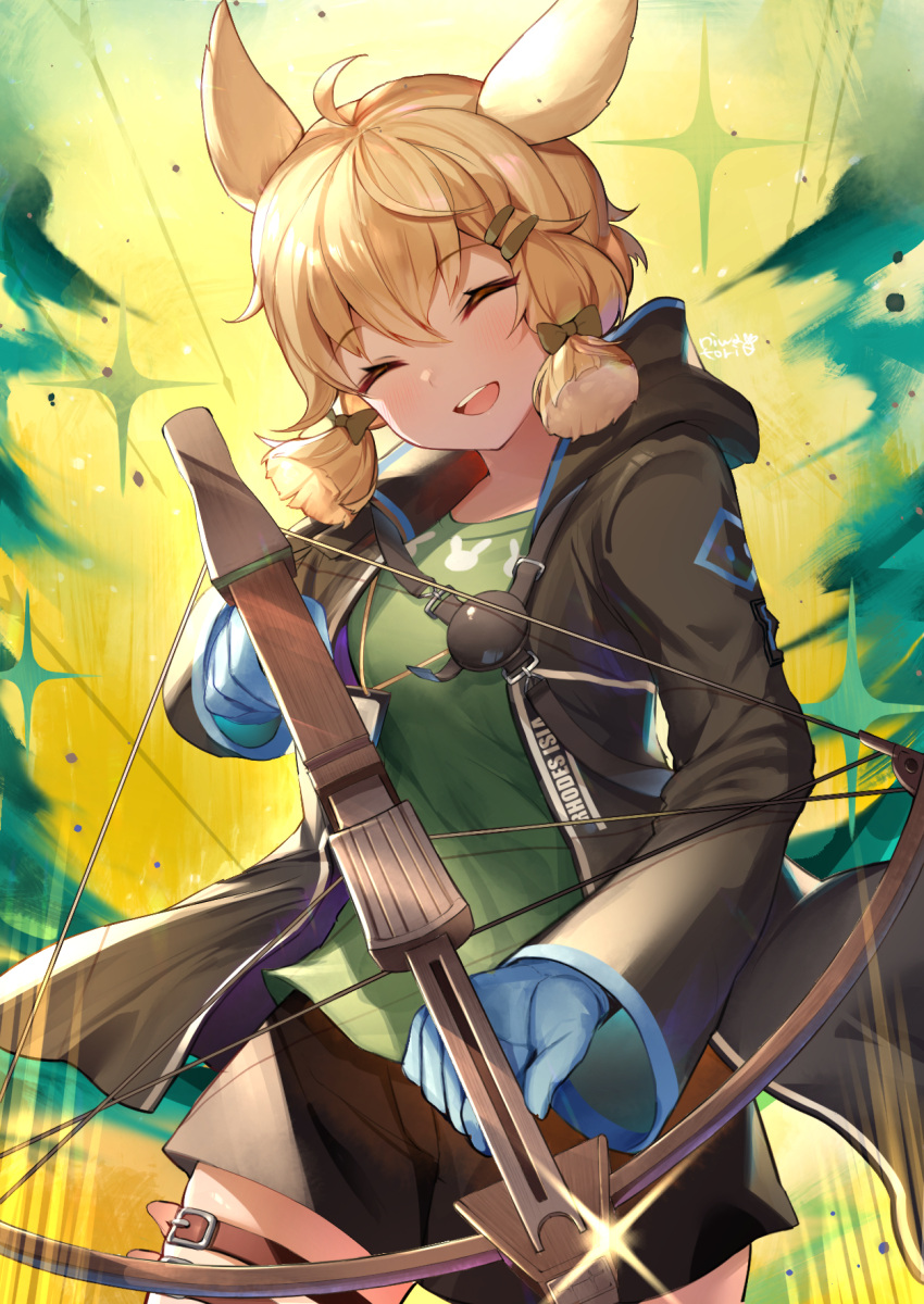 1girl, :d, ahoge, animal_ears, arknights, black_jacket, black_shorts, blue_gloves