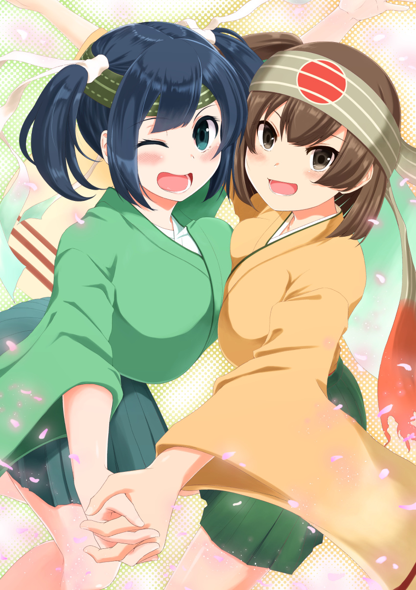2girls, absurdres, asymmetrical_docking, blue_hair, blush, breast_press, breasts, brown_eyes