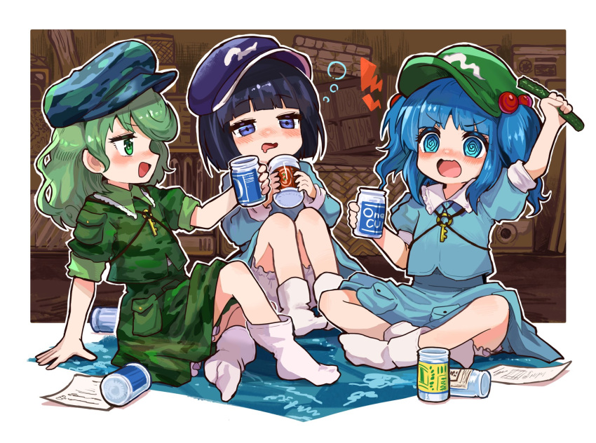 3girls, @_@, arm_support, arm_up, bangs, beer_can, bloomers, blue_eyes